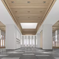 Spacious Modern Hall Interior With Wooden Ceiling Recessed Lights Skylight White Columns And Hanging Artworks