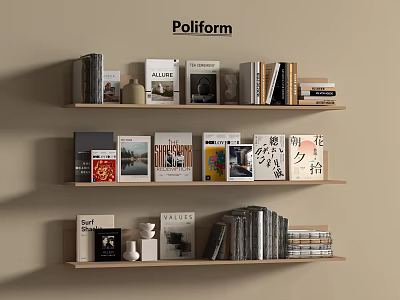 Stylish Books And Magazines Display On Wooden Shelves With Decorative Items 3d model
