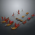 Ancient Ship Models Featuring Red Flags And Various Wooden Vessels On 3d model