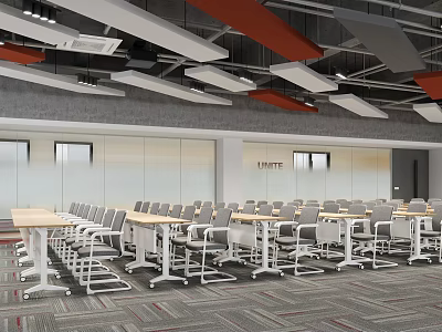Spacious Modern Conference Room With Neatly Arranged Tables Chairs Gray Walls And Colorful Ceiling Beams 3d model
