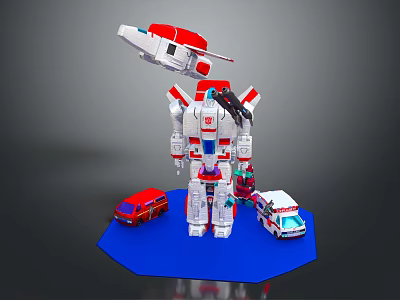 Game And Movie Robot Character With Red White Design Ambulance Fire Truck Vehicles And Display Stand 3d model