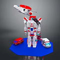 Game And Movie Robot Character With Red White Design Ambulance Fire Truck Vehicles And Display Stand