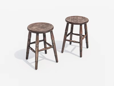Two Round Wooden Stools With Natural Wood Grain And Carved Legs 3d model