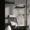 Upholstered Lounge Chair With Rolled Back Wooden Frame Potted Plant Wall Shelf Shadows
