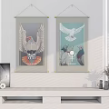 Decorative Scroll Paintings With Winged Doves On Wall And Shelf Decorations For Interior 3d model