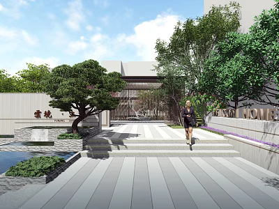 Tranquil Garden Landscape With Stone Pathway Steps Lush Trees And Pond 3d model