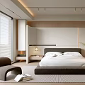 Modern Minimalist Bedroom Interior With King Bed Wardrobe LED Lights And Area Rug