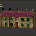 Traditional Brick Building with Green Moss Covered Roof Five Chimneys Multiple Windows and Wooden Door