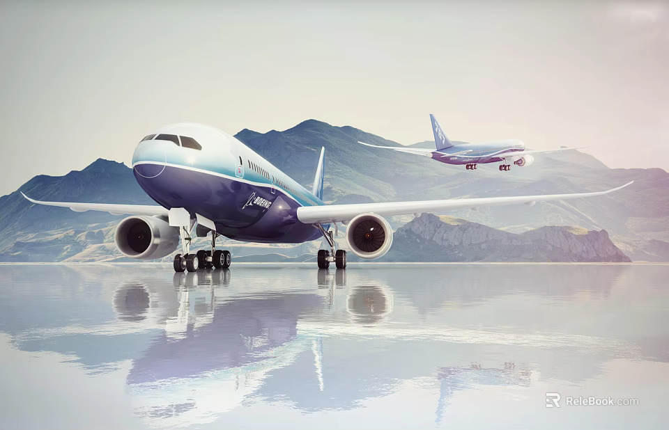Passenger Plane Parked With Mountain Background Reflection On Water And Another Airliner Flying 3d model 