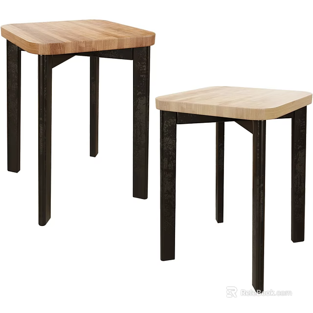 Modern Wooden Stools With Square Seats And Black Metal Legs Design 3d model 