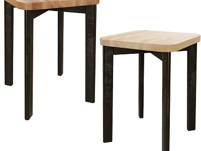Modern Wooden Stools With Square Seats And Black Metal Legs Design 3d model