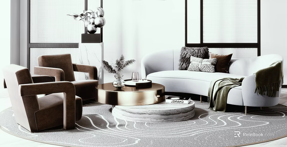 Modern Living Room Sofa And Coffee Table Set With White Couch Brown Armchairs Metallic Tables Decorative Pillows 3d model 
