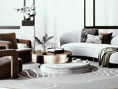 Modern Living Room Sofa And Coffee Table Set With White Couch Brown Armchairs Metallic Tables Decorative Pillows 3d model