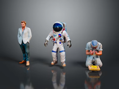 Three Characters Including Man In Light Suit Astronaut And Kneeling Man With Yellow Object 3d model