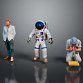 Three Characters Including Man In Light Suit Astronaut And Kneeling Man With Yellow Object 3d model