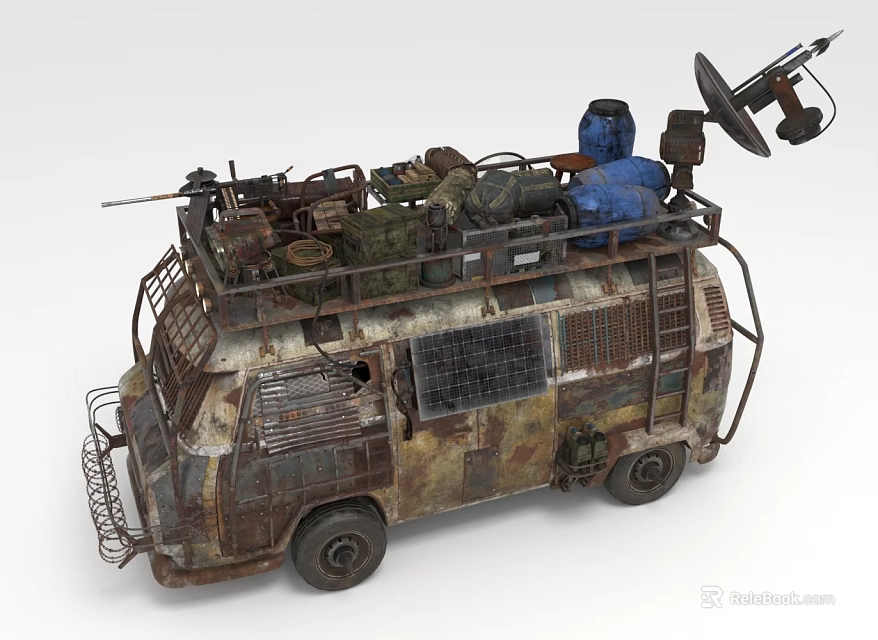 Rusty Worn Modified Van With Roof Mounted Gear And Camouflage Paint 3d model 