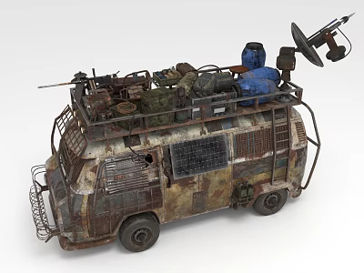Rusty Worn Modified Van With Roof Mounted Gear And Camouflage Paint 3d model