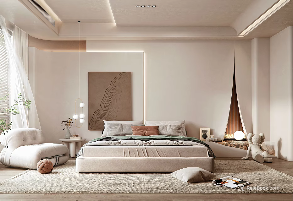 Modern Cozy Bedroom Interior Design With Bed Decorative Artwork Armchair Pillows And Soft Rug 3d model 