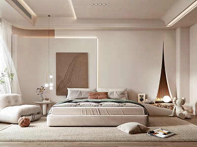 Modern Cozy Bedroom Interior Design With Bed Decorative Artwork Armchair Pillows And Soft Rug 3d model