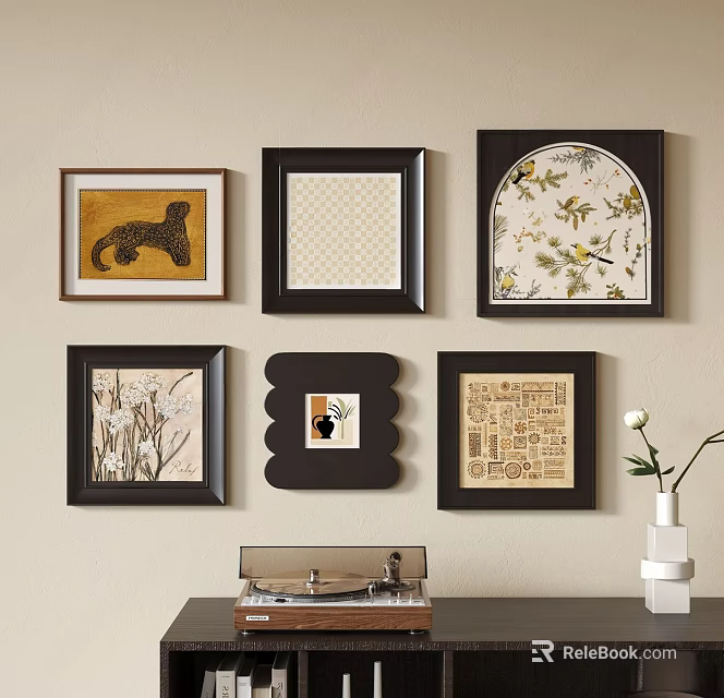 Modern Interior Decor With Framed Wall Art Various Styles And Record Player Setup 3d model