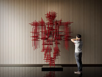 Red Linear Sculpture Abstract Human Figure Form In Modern Interior Space With Person Appreciating 3d model