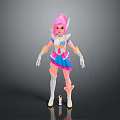 Pink Haired Elf Game Movie Character With Blue Pink Skirt White Gloves And Boots