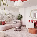 Modern Living Room With Red Circular Chandelier Large Decorative Painting And Sofa With Cushions