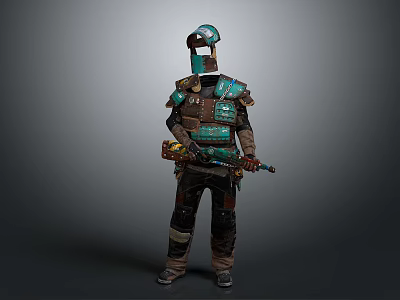Game And Movie Character In Green And Brown Tactical Armor With Helmet Holding Decorated Weapon 3d model