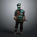 Game And Movie Character In Green And Brown Tactical Armor With Helmet Holding Decorated Weapon