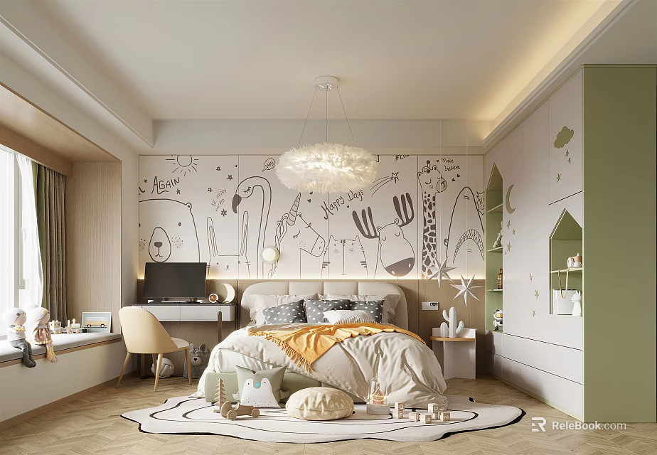 Kids Room With Cartoon Animal Wall Art Cozy Bed Study Desk Chandelier And Play Rug 3d model 