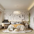 Kids Room With Cartoon Animal Wall Art Cozy Bed Study Desk Chandelier And Play Rug