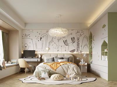 Kids Room With Cartoon Animal Wall Art Cozy Bed Study Desk Chandelier And Play Rug 3d model