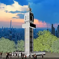 White Landmark Column With Clock Surrounded By Green Trees And City Skyline At Sunset