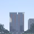 Modern High Rise Residential Building With Glass Curtain Wall Balconies Trees And Urban Background