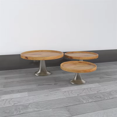 Three Round Ceramic Vessels With Wooden Surface And Metal Base On Wooden Floor 3d model