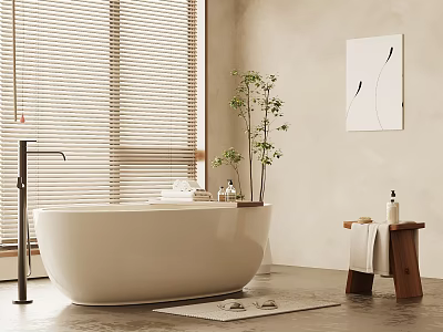 Modern Bathroom Interior Featuring Freestanding Bathtub Wooden Stool Window Blinds And Wall Art 3d model