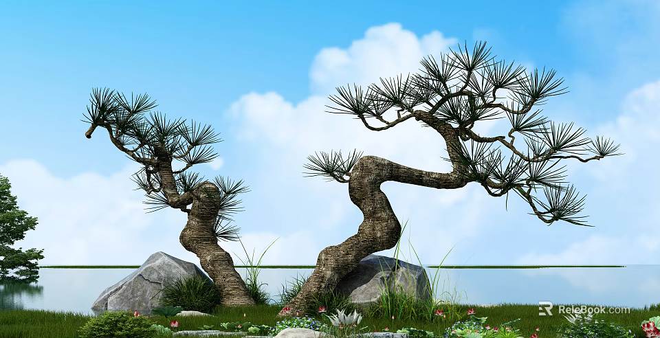Twisted Trunk Trees With Lush Foliage Against Blue Sky And White Clouds 3d model 