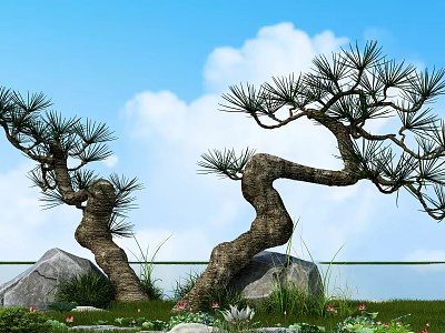 Twisted Trunk Trees With Lush Foliage Against Blue Sky And White Clouds 3d model