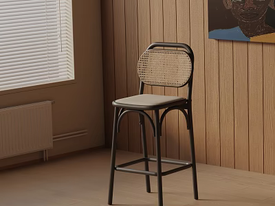 Minimalist Bar Stool with Wicker Backrest Light Colored Seat Black Metal Frame Wooden Wall Window 3d model