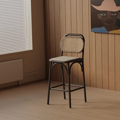 Minimalist Bar Stool with Wicker Backrest Light Colored Seat Black Metal Frame Wooden Wall Window 3d model