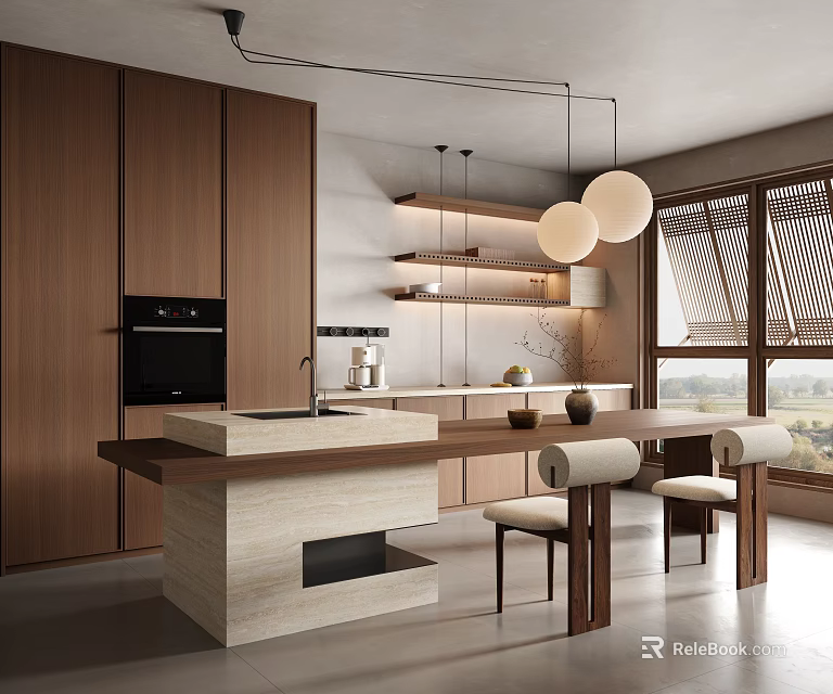 Modern Restaurant Kitchen With Open Design Wooden Cabinets Island Counter And Pendant Lights 3d model 