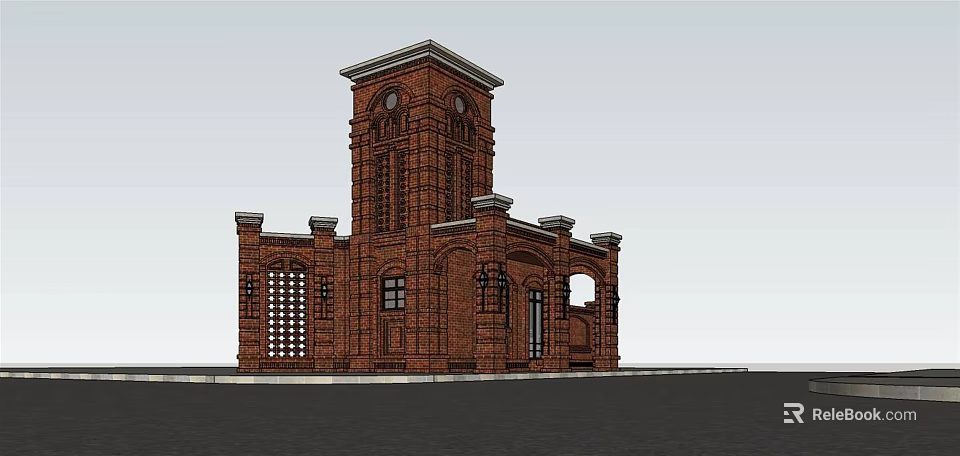 Red Brick Building With Tower Structure Arched Windows And Decorative Details 3d model 
