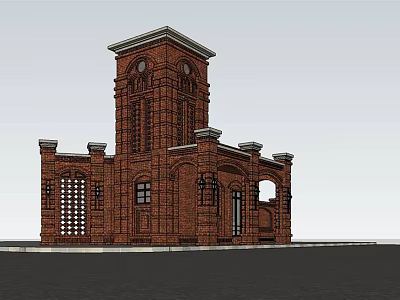 Red Brick Building With Tower Structure Arched Windows And Decorative Details 3d model