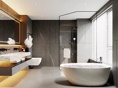 Modern Luxury Bathroom Interior With Marble Walls Large Mirror Freestanding Bathtub And Double Vanity Sinks 3d model