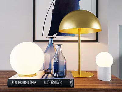 Modern Decorative Ornament Set With Gold Lamp White Spherical Lamp Blue Glass Vases On Table 3d model