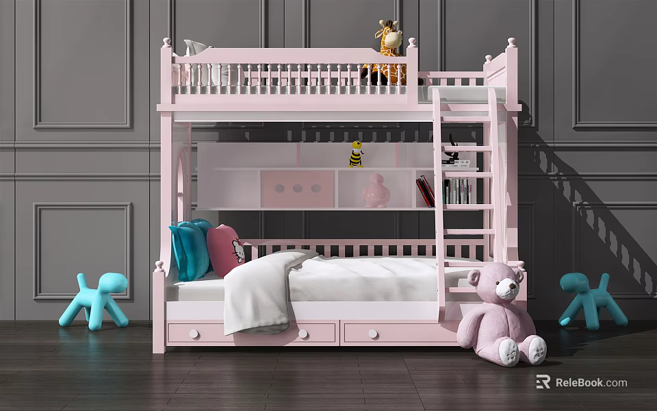 Pink Bunk Bed With Upper Rail Lower Drawers And Stuffed Toys For Kids Room 3d model 