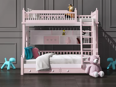Pink Bunk Bed With Upper Rail Lower Drawers And Stuffed Toys For Kids Room 3d model