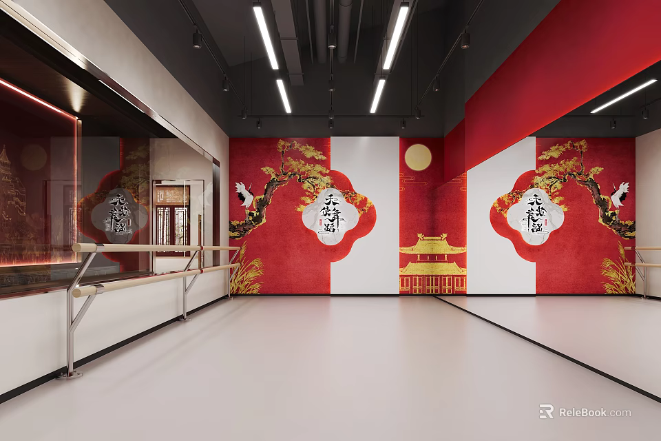 Modern Fitness Gym Interior With Spacious Workout Area And Red Wall Design 3d model 