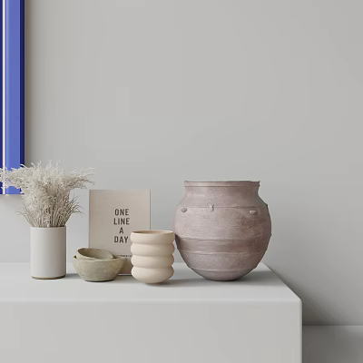 Minimalist Modern Decorative Ornament Set With Dried Flowers Card And Clay Jar On Shelf 3d model
