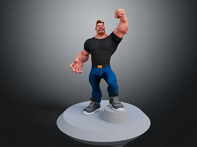 Muscular Game Movie Character In Black T-Shirt Blue Jeans Gray Sneakers Raising Fist 3d model